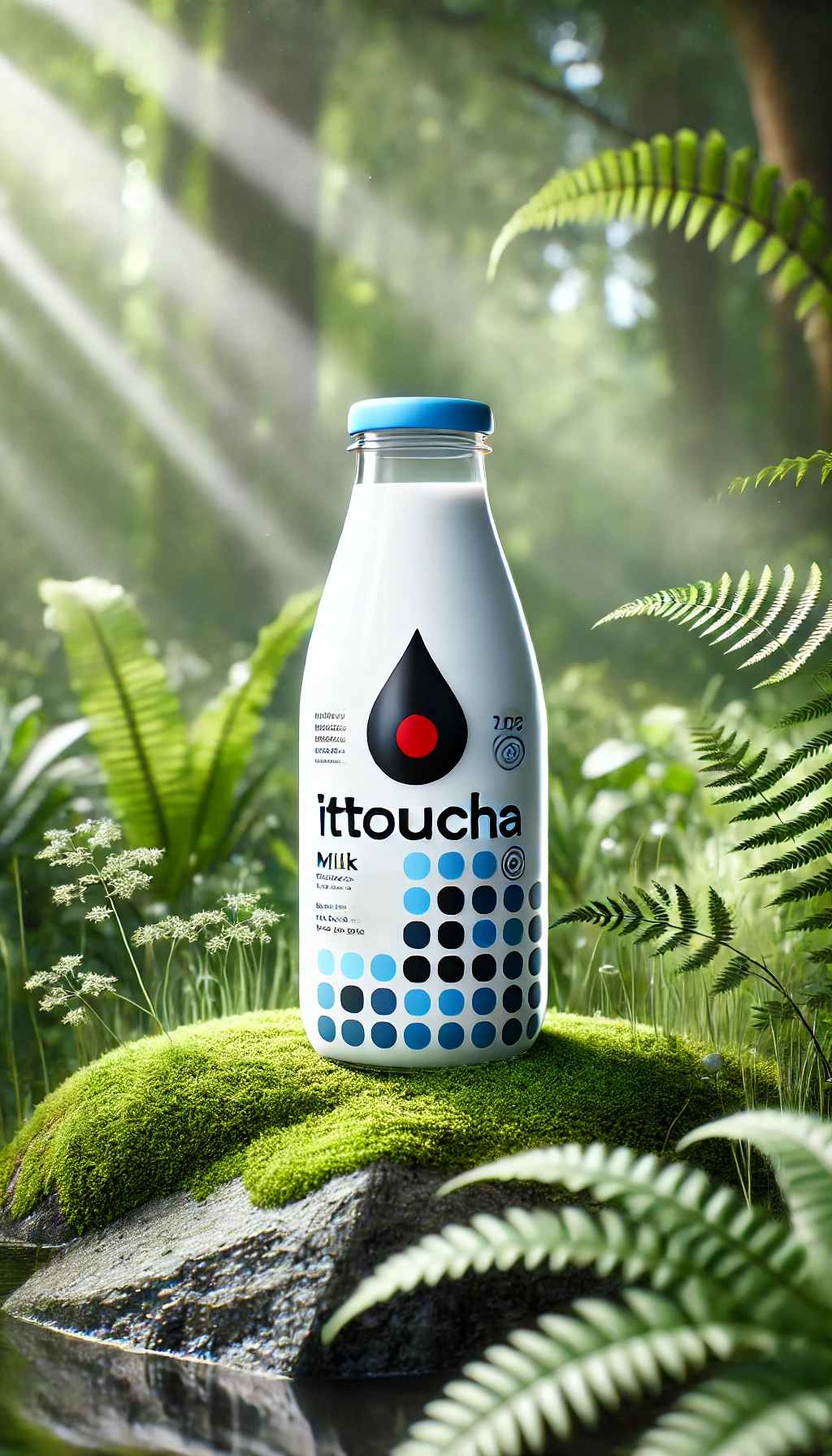 DALL·E 2024-11-13 16.56.41 - A modern milk bottle labeled 'ITTOUCHA' with a sleek white background and blue-themed design, placed in a natural outdoor setting. The bottle stands o